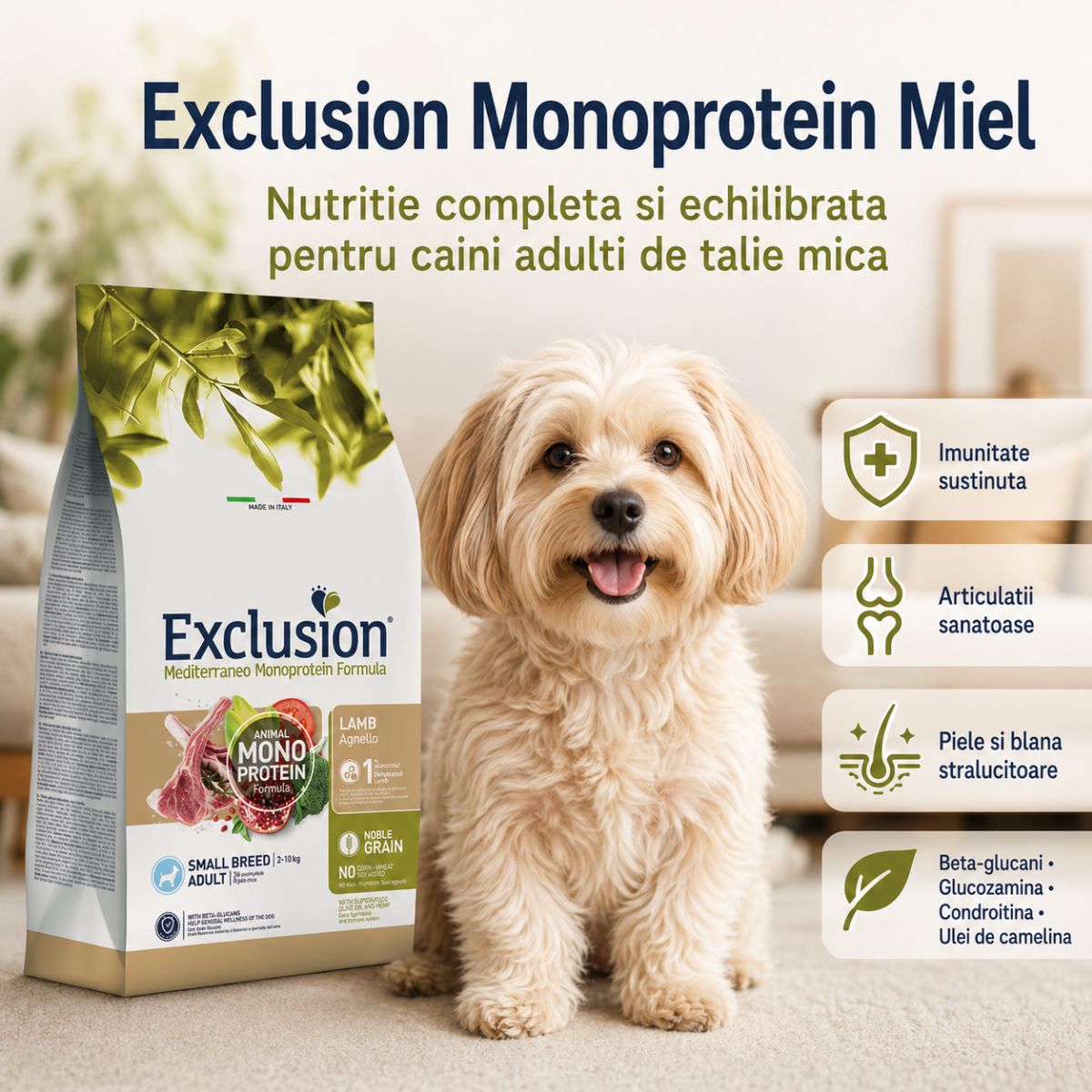 EXCLUSION Mediterraneo Monoprotein Formula Small Breed, XS-S, Miel și Orez, hrană uscată monoproteică câini, 2kg - imagine 3